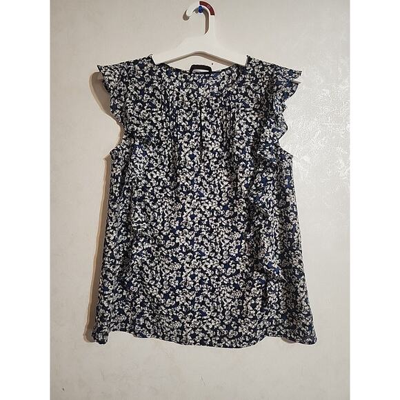 J.Crew Blouse Sleevless Ruffle V-Neck Blue Floral Pleated Front SEE MEASUREMENT - Picture 1 of 6
